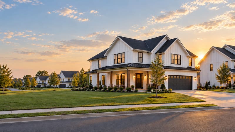 New-construction single-family homes at golden hour